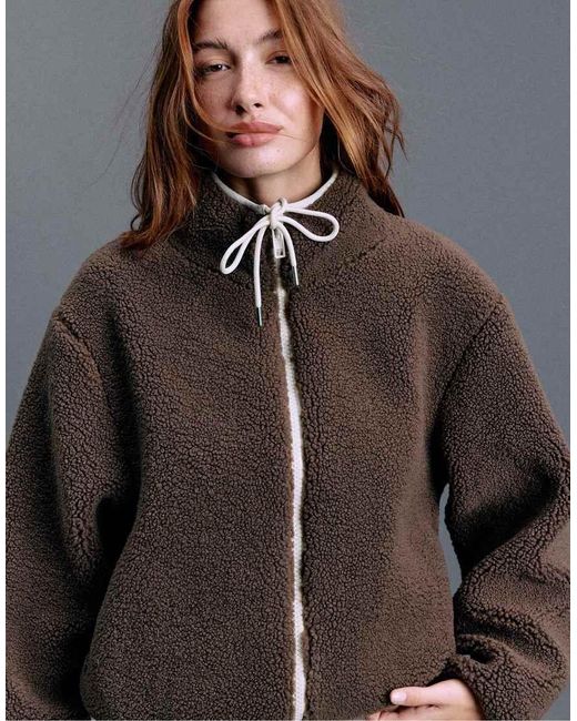 Stradivarius Brown Contrast Faux Shearling Jacket