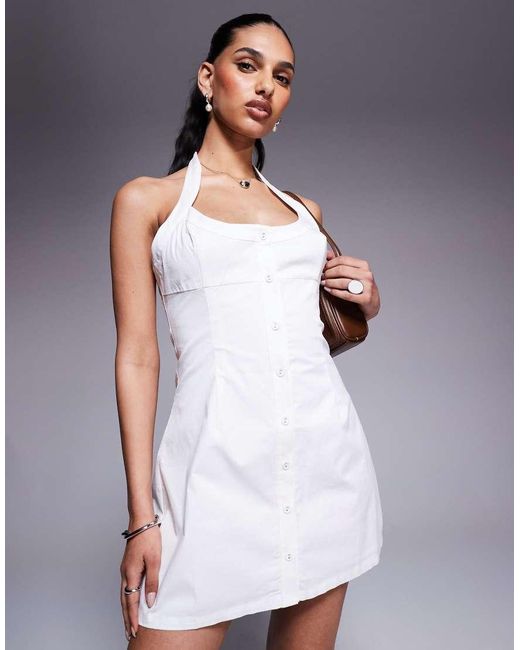 Vestido Corto Abotonado Con Cuello Halter De Popelina De Algodón De Princess Polly de color Gray