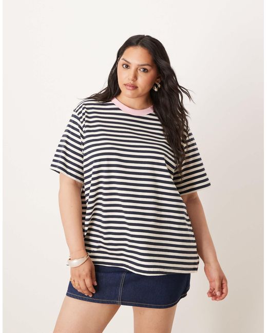 Asos design curve - t-shirt standard à rayures et bord contrastant ASOS en coloris White