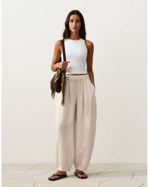 Oysho Natural 100% Linen Pleated Balloon Trousers
