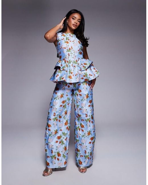 ASOS Blue Co-ord Jacquard Peplum Top With Bow Back