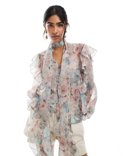 Vero Moda White Ruffle Trim Blouson Sleeve Boho Blouse With Detached Scarf
