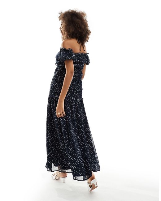 ASOS Blue Bardot Ruched Waist Maxi Dress