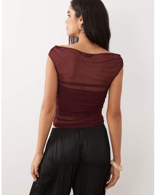 ASOS Red Gathe Short Sleeve Off Shoulder Mesh Top