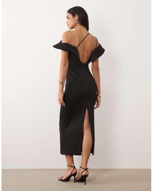 ASOS Black Twist Bardot Midi Dress With Corsage Back Detail