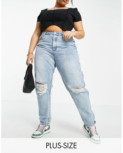 Missguided Blue Riot High Waist Mom Jeans With Busted Knee
