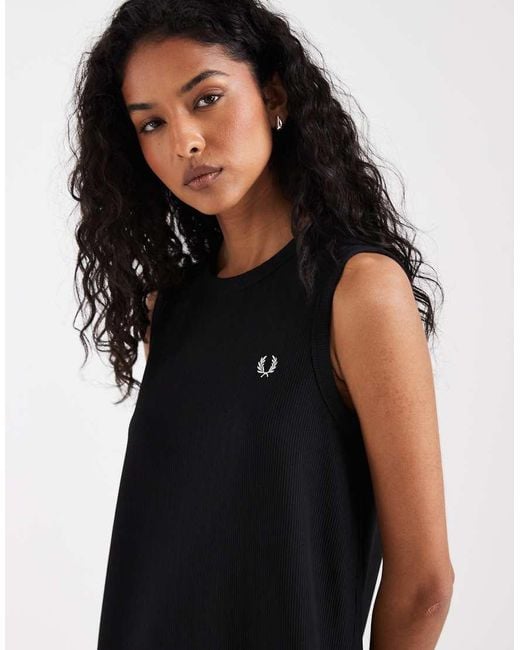 Fred Perry Black Rib Tricot Logo Sleeveless Midi Dress