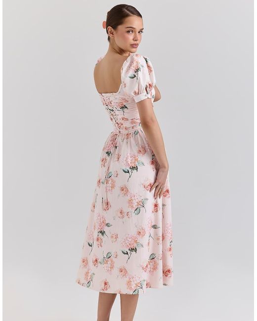 House Of Cb Pink Lulabell Cotton Puff Sleeve Midi Dress