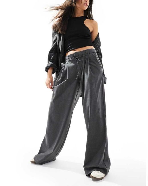 Pull&Bear Black Wide Leg Tailored Trousers With Tie Waist