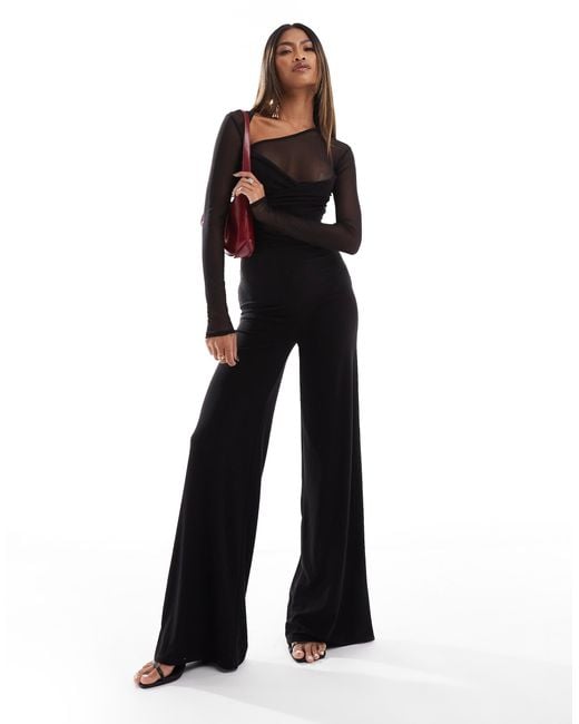 ASOS Blue Long Sleeve Mesh Mix Jumpsuit With Twist Bust