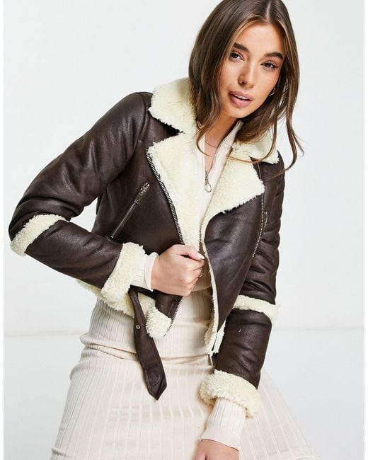 Miss Selfridge Shearling Cropped Aviator Jacket in Brown | Lyst Canada