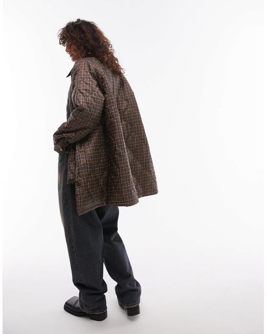 TOPSHOP Brown Check Long Nylon Coat With Cord Collar