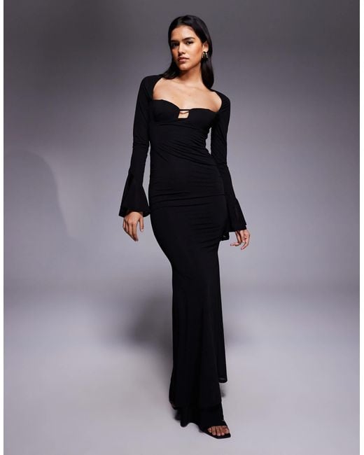 asos black asymmetric dress ASOS Cupped Maxi Dress With Asymmetric Sleeve Seam Detail in Blue