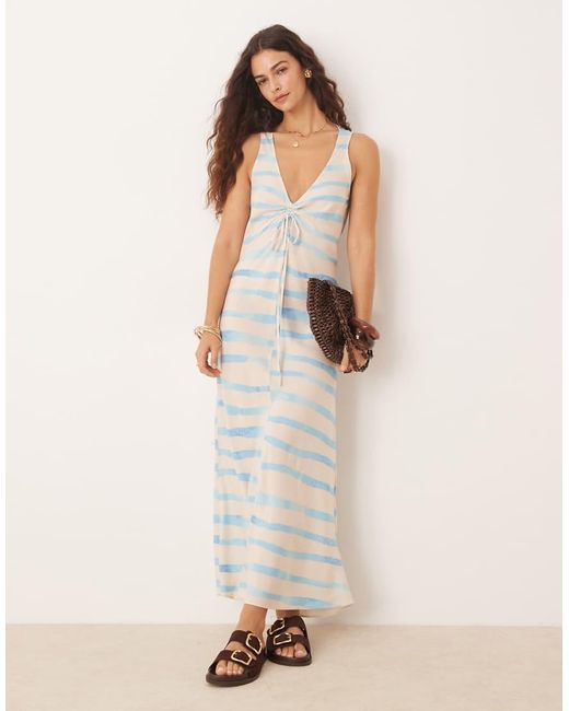 Vestito Midi A Righe Blu Con Scollo A V Con Arricciatura E Laccio di ASOS in Natural