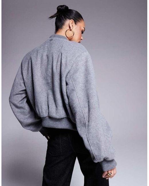 The Couture Club Gray Shoulder Pad Wool Blend Bomber Jacket