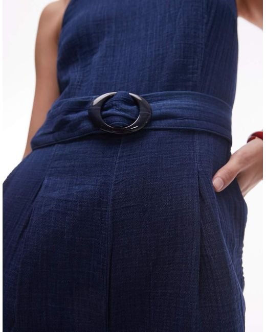 Mango Blue Straight Leg Denim Jumpsuit With Belt Detail