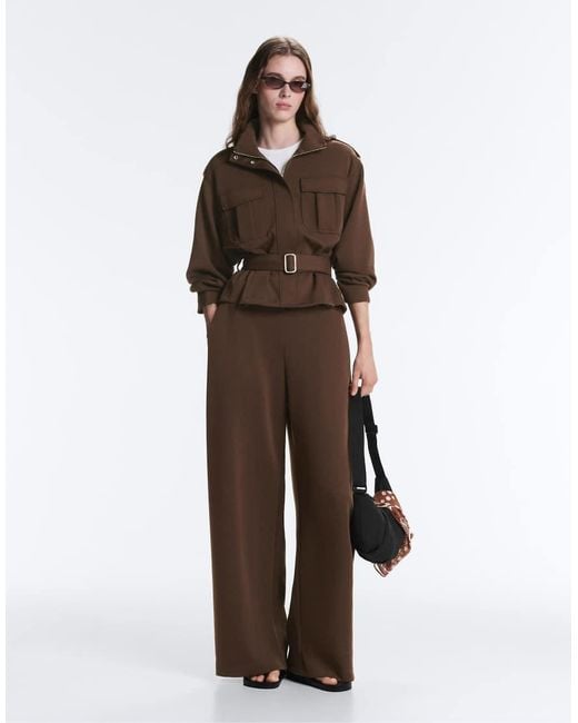 Oysho Brown Cropped Piqué Utility Jacket With Belt