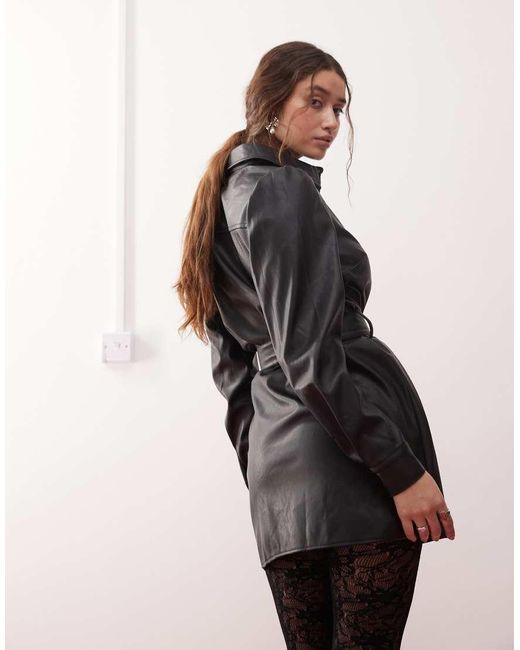 Miss Selfridge Black Faux Leather Belted Shirt Dress