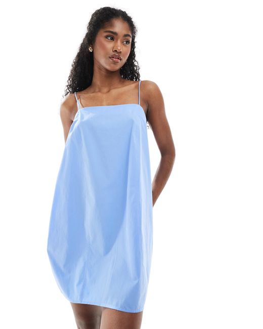 Monki Blue Cotton Poplin Mini Dress With Tie Straps