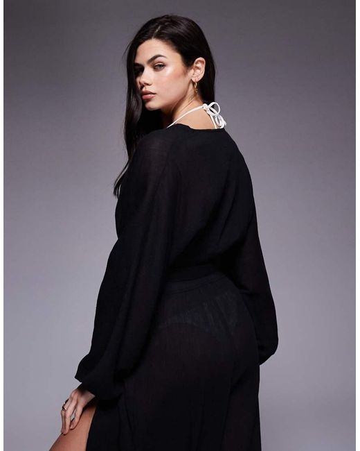 ASOS Black Kiki Beach Plunge Long Sleeve Top