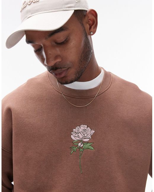 Topman Brown Oversized Fit Sweatshirt With Peonies Embroidery for men