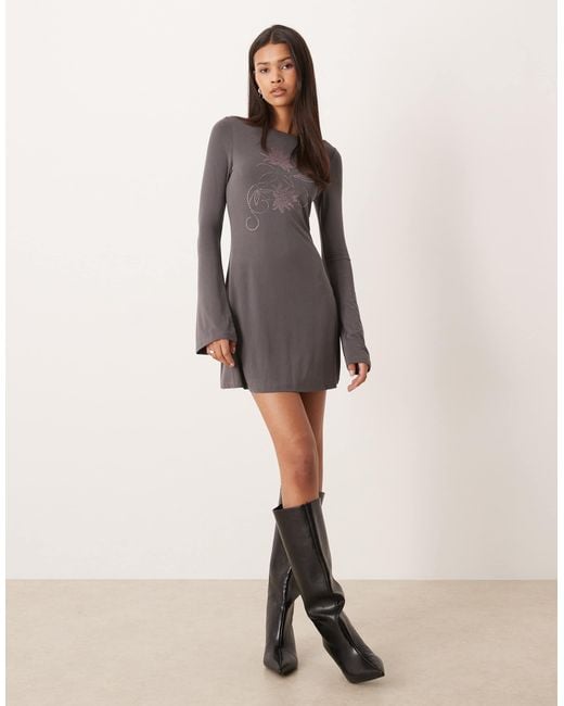 knee length dresses for ladies Sevila Long Sleeve Mini Dress in Flocked Botanical Flower Maroon , Bodycon main image 1