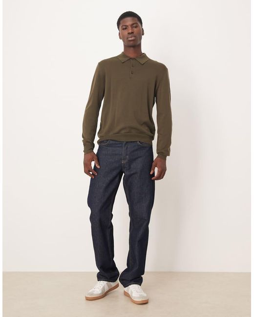 Mango Brown 100% Wool Button Up Long Sleeve Knitted Polo Top for men