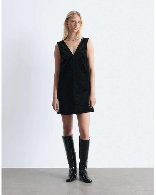 & Other Stories Black Stretch Velvet V-neck Mini Dress With Front Seam