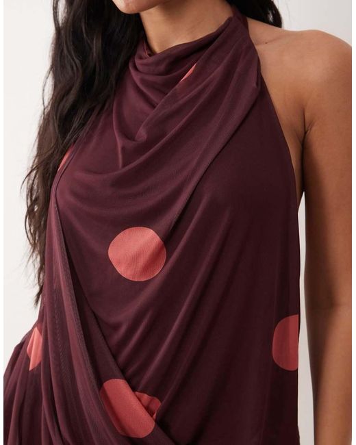 ASOS Red Printed Mesh Draped Halter Mini Dress With Blouson