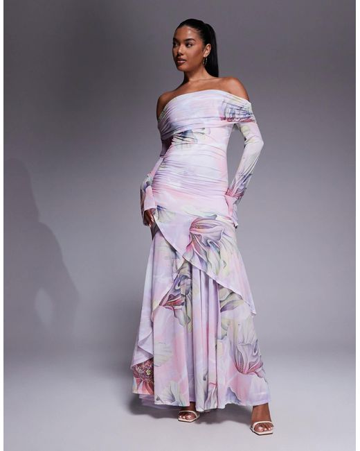 Robe longue à fleurs en mousseline stretch à manches longues et encolure bardot avec ourlet à volants ASOS en coloris Purple