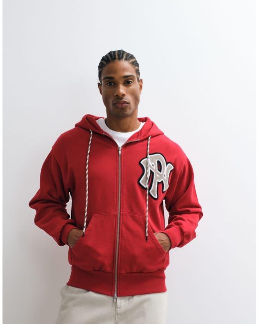 No Problemo Red 100% Cotton Zip Through Varsity Style Hoodie With Large Nyp Logo for men