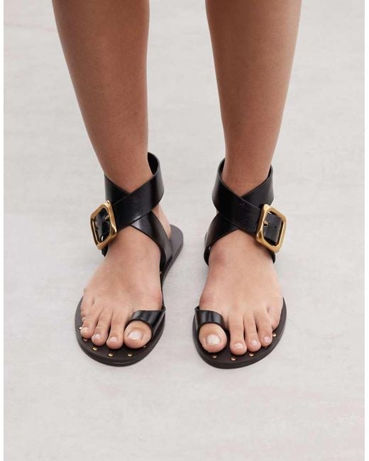 ASOS Black Freely Toe Loop Cross Strap Flat Sandals