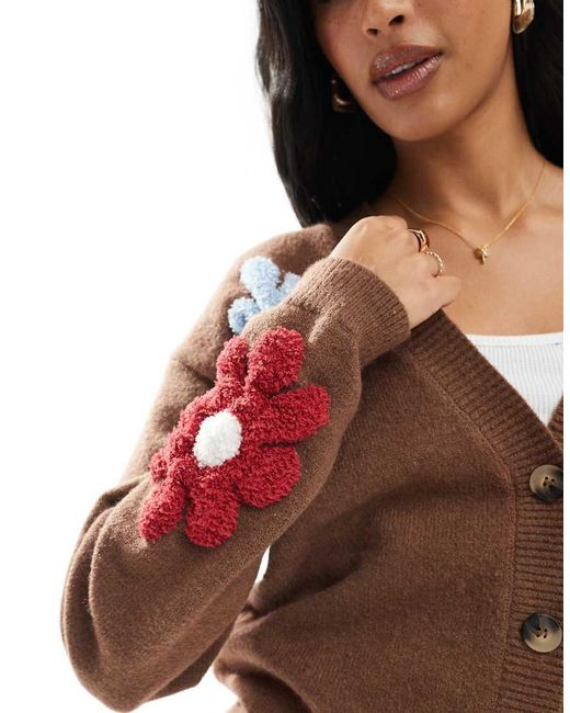Daisy Street Brown V Neck Cardigan With Flowers