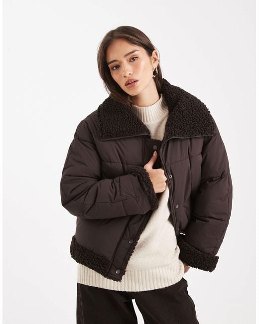 Vero Moda Black Short Puffer Jacket With Teddy Trim