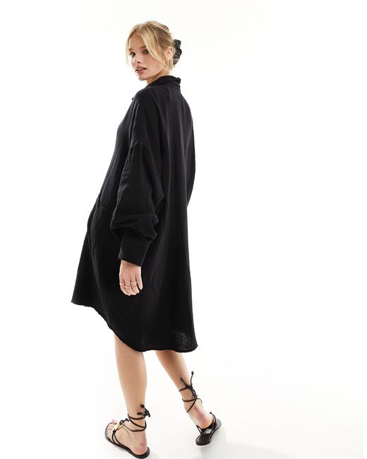 ASOS Black Double Cloth Oversized Shirt Dress With Dropped Pockets
