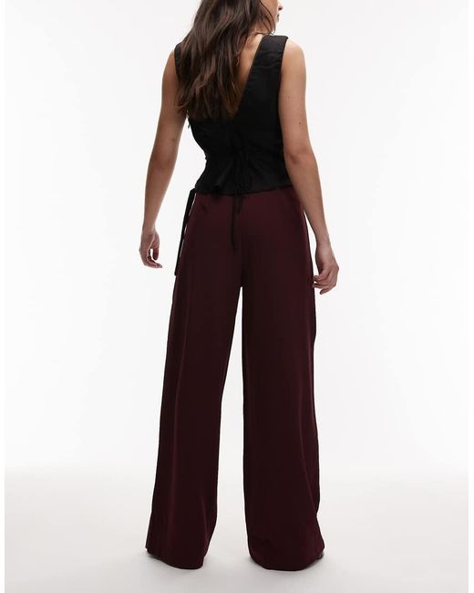 ASOS Red Slinky Twill Tailo Wide Leg Pants With Wrap Skirt Detail