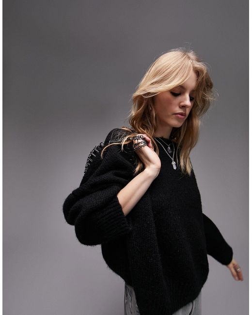 TOPSHOP Knitted Slouchy Jumper in Black | Lyst