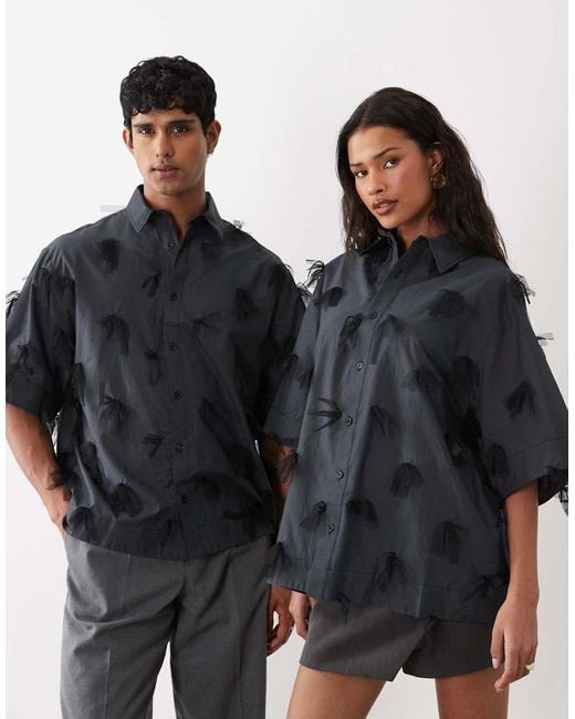 Sister Jane Black Nilsson Cotton Mesh Bow Detail Boxy Short Sleeve Shirt