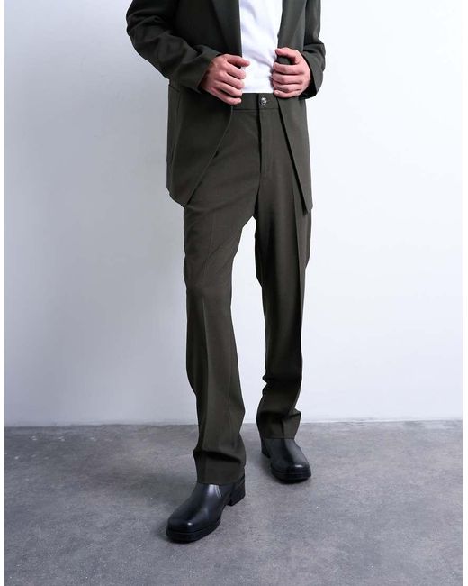Topman Green Straight Leg Wool Look Pants for men