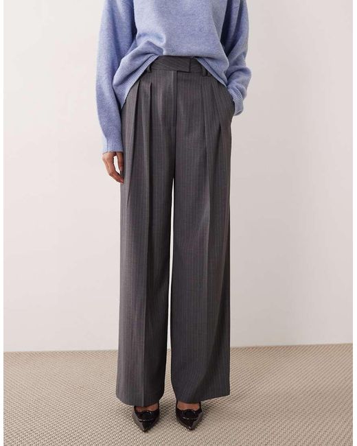 ASOS Blue Tailored Wide Leg Trousers With Pleat Detail