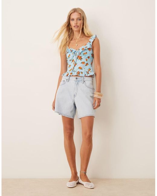 ASOS Blue Broderie Frill Detail Cami Top With Bow Detail