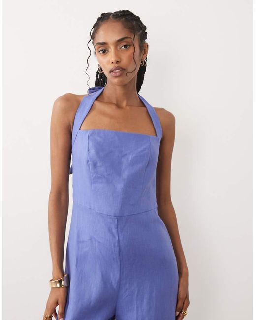 Mango Blue 100% Linen Halterneck Jumpsuit