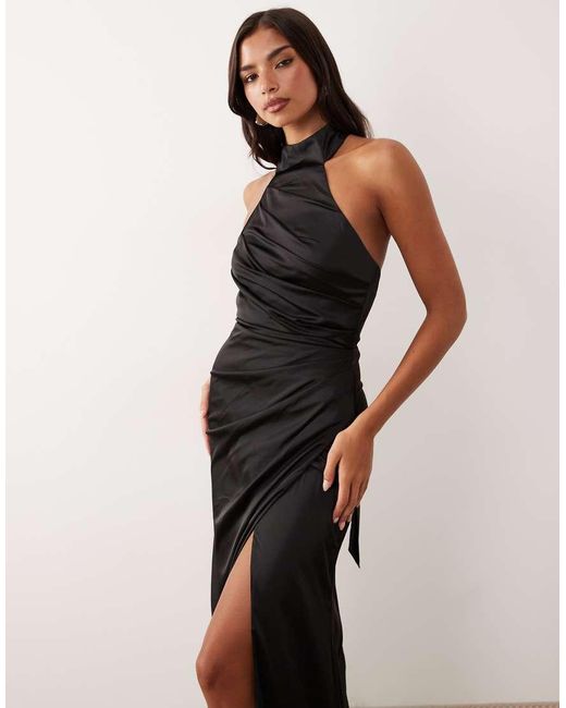 TFNC London Black Satin Halter Neck Pleat Detail Maxi Dress