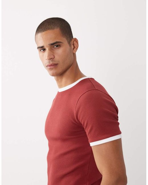 ASOS Red Muscle Fit T-shirt With Ringer Detailing for men