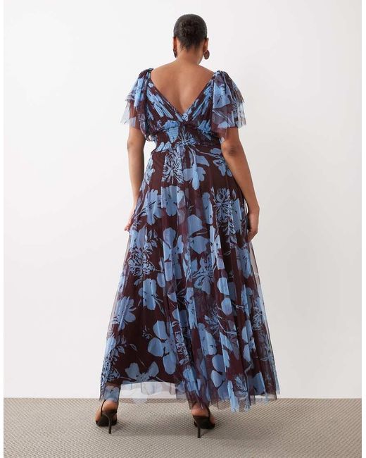 Lace & Beads Plus Blue Tulle V Neck Flutter Sleeve Maxi Dress