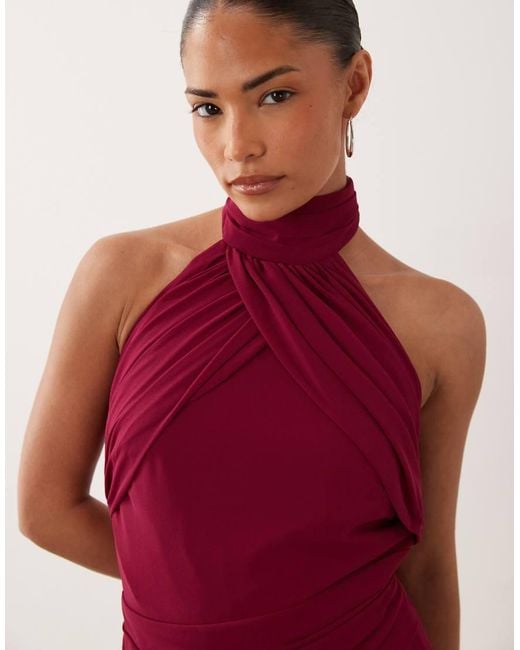 TFNC London Red Tfnc Bridesmaid Petite Chiffon Halter Neck Drape Maxi Dress