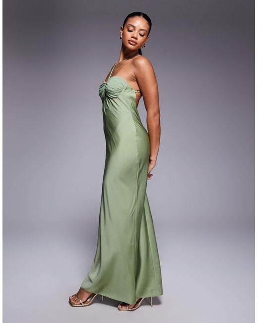 ASOS Green Satin Strappy Halter Maxi Dress With Contrast Bust