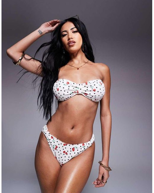 River Island White Cherry Print Crinkle Bikini Bottoms
