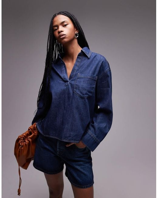 Mango Blue Open Neck Denim Overshirt