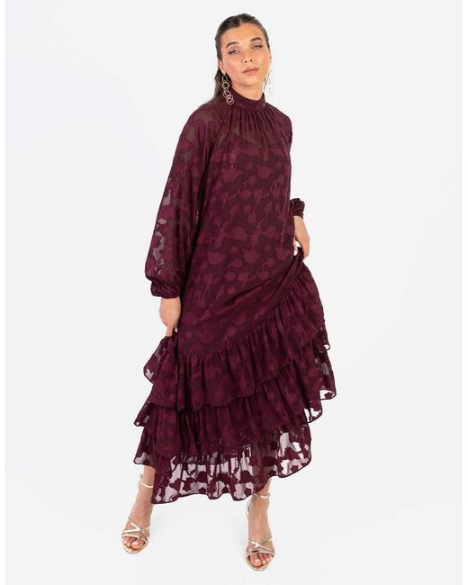 ANAYA Red Floral Burnout Long Sleeve Trapeze Midaxi Dress